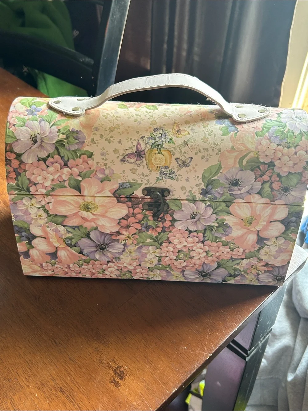 Floral Pink & Purple Decorative Storage Box with White Handle